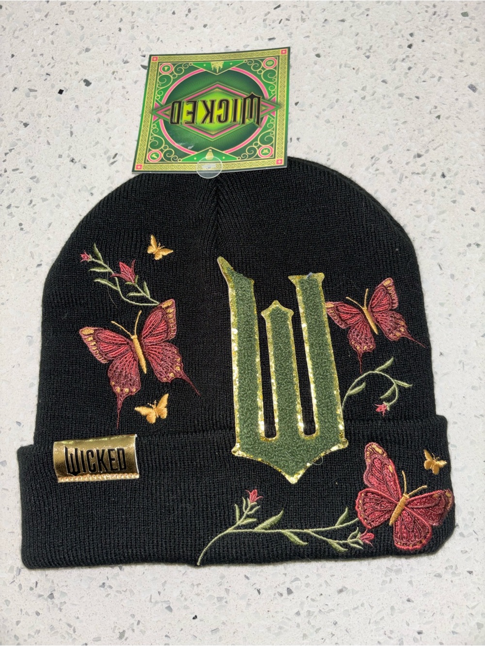 Wicked Black Beanie with Embroidered Butterflies